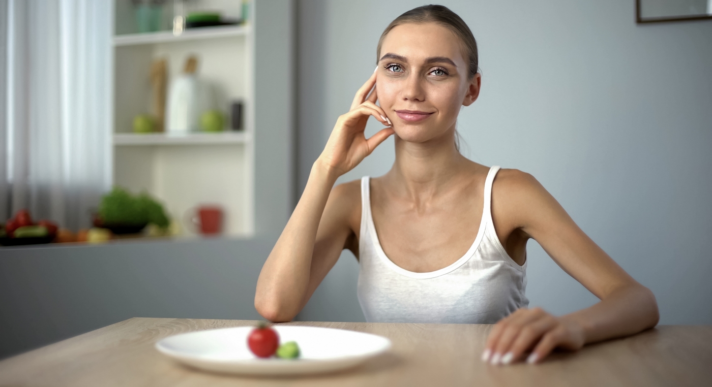 Anorexic girl smiling conscious choice of severe diet