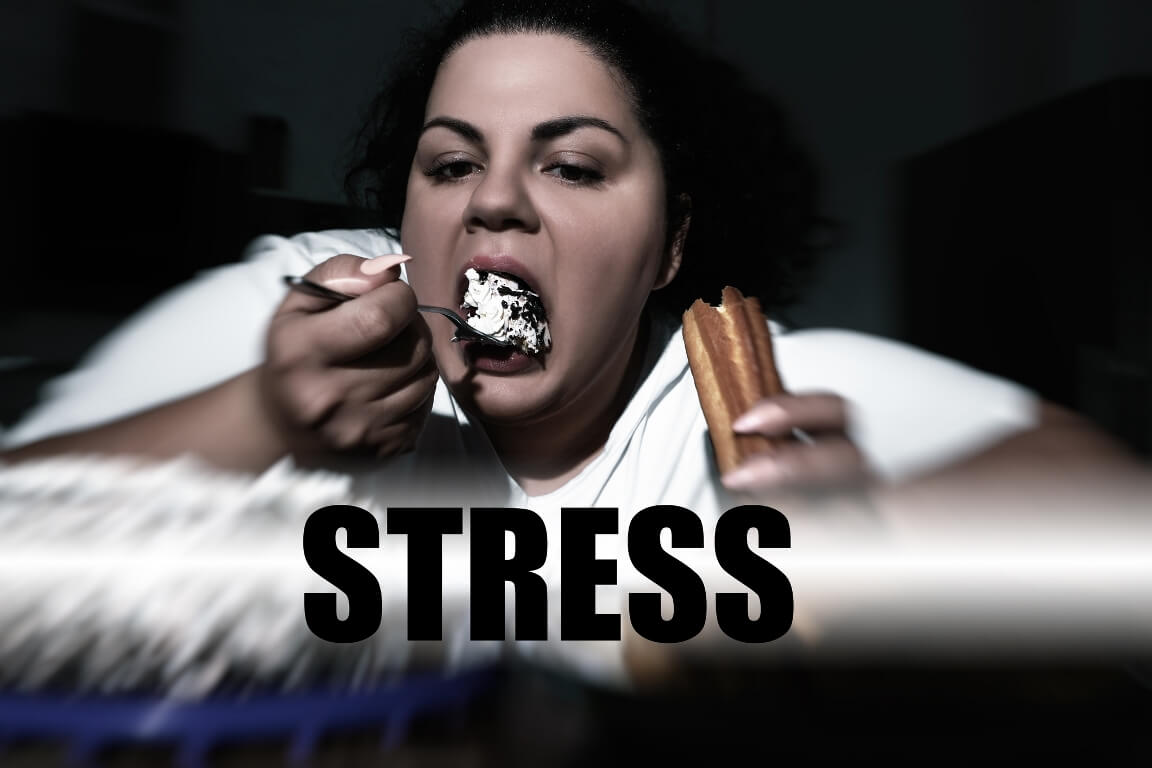 Depressed overweight woman eating sweets at home and word STRESS