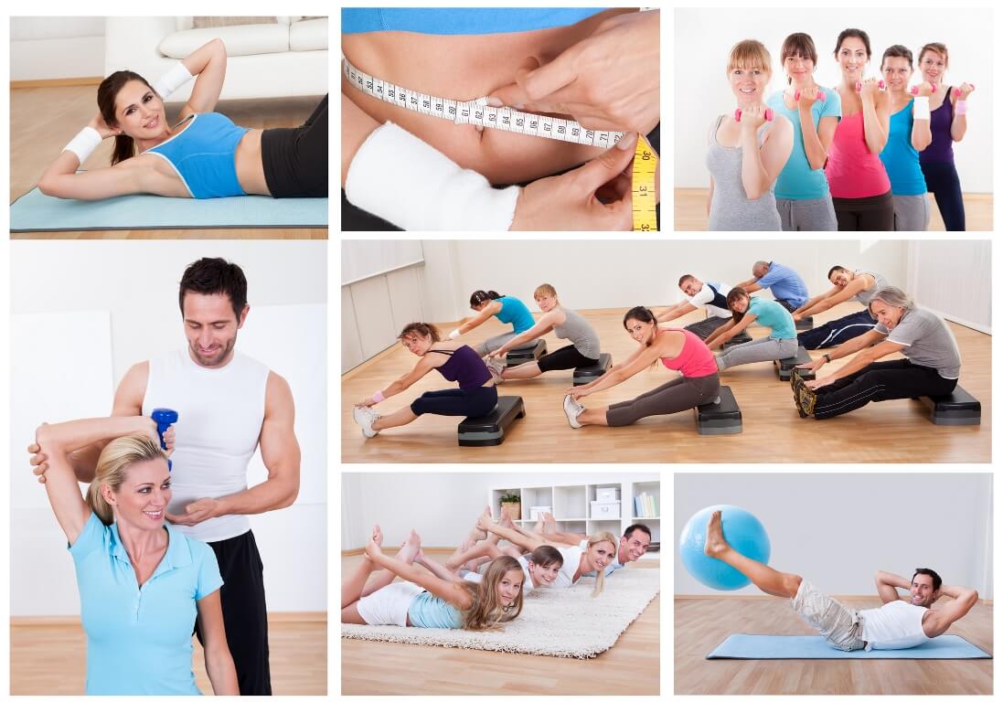 Collage of various fitness images with people exercising 