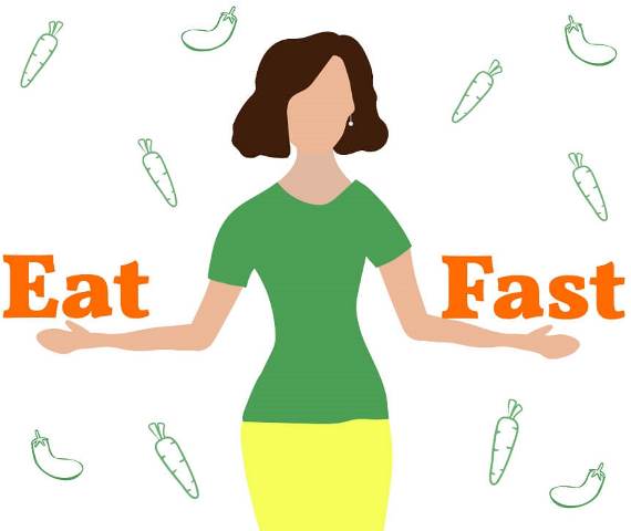 Girl, holding two words Fast and Eat.Vector Illustration
