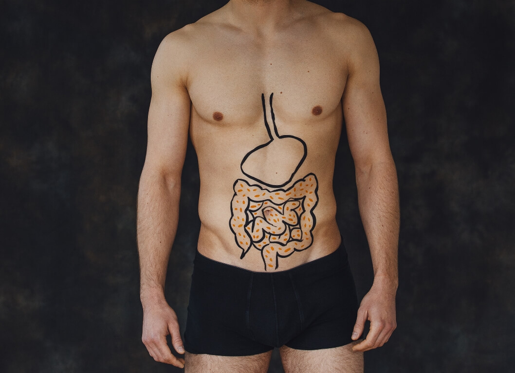 Healthy intestines shot mans torso painting body