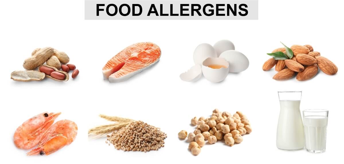 Set of different products causing food allergies.